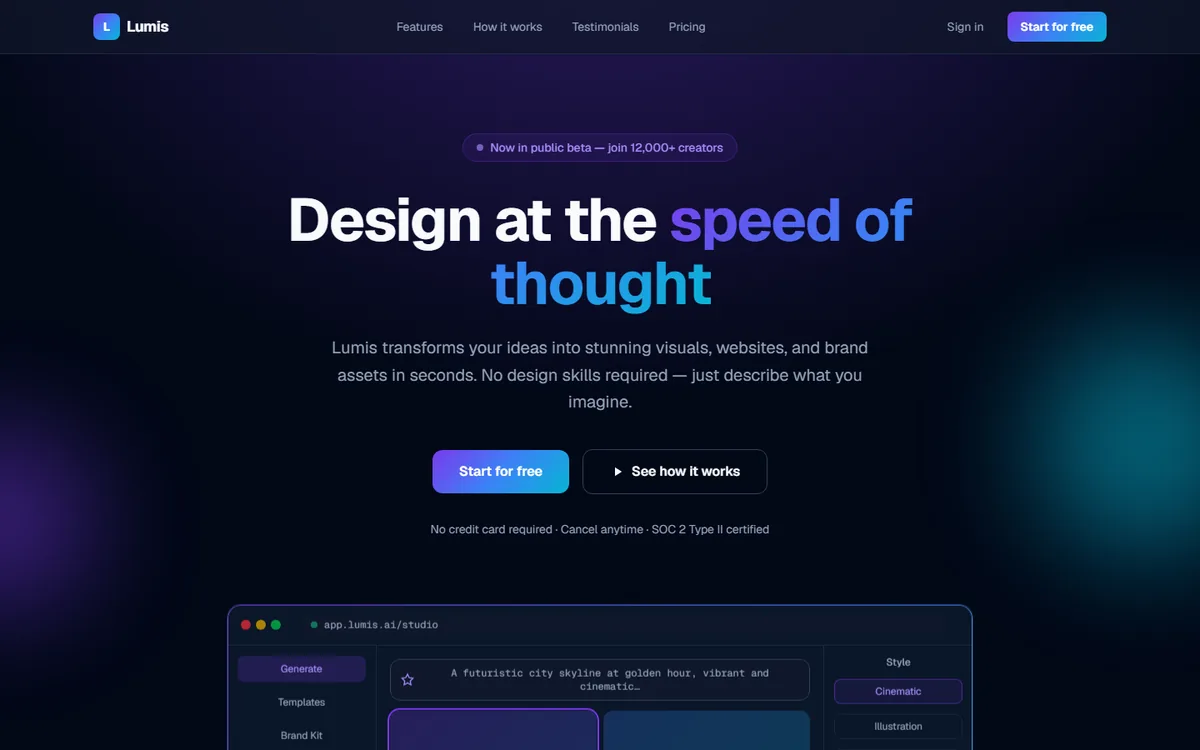 Lumis SaaS product landing page concept